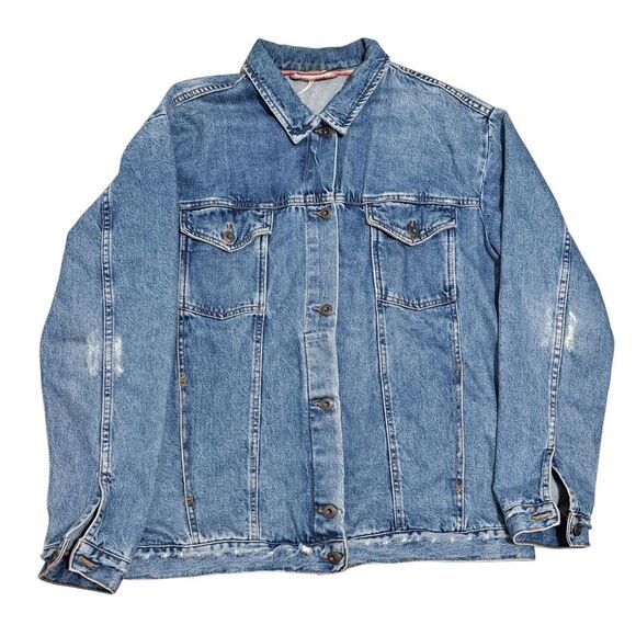 Free People Ramona Distressed Western Vintage Denim Trucker Jacket Lrg Southbank - Picture 1 of 16